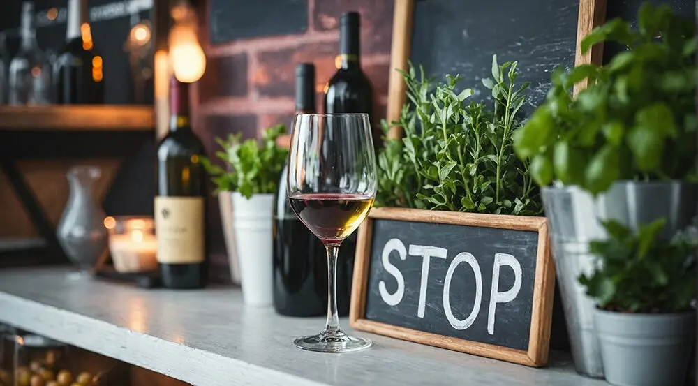 a glass of wine sits on a counter next to a sign that says "stop"